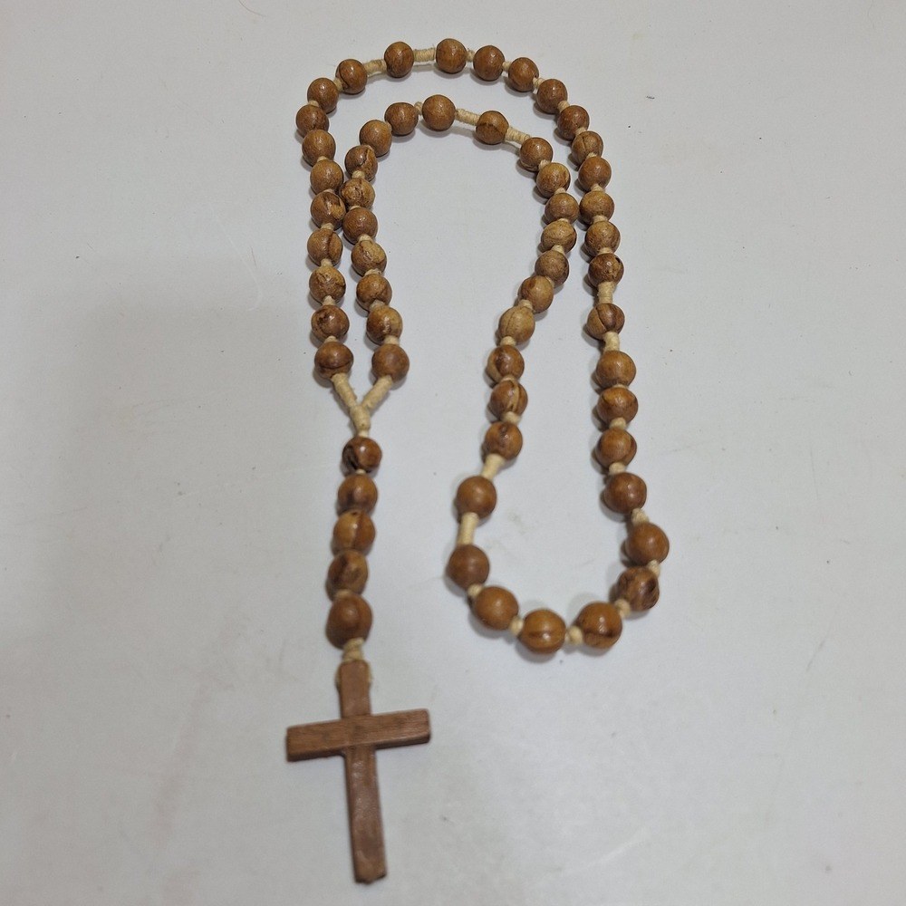 Wood Rosary Beads Necklace Wooden Cross Christian Catholic Prayer Beads Handmade
